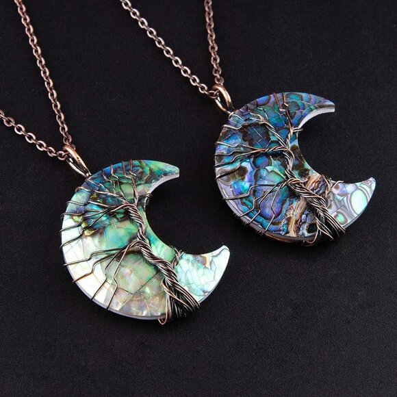 Life Tree Crescent Moon Necklaces for Women, Copper Wire Wrap Gemstones Pendant - Picture 6 of 8